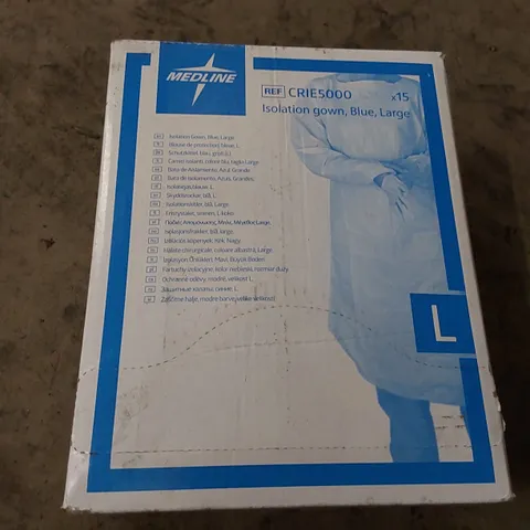 BRAND NEW BOXED 15X MEDLINE CRIE5000 ISOLATION GOWNS, BLUE, LARGE (1 BOX)