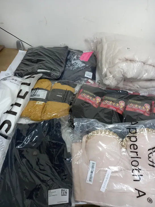 LARGE BOX OF ASSORTED CLOTHING ITEMS IN VARIOUS COLOURS AND SIZES INCLUDING TROUSERS , TOPS AND JUMPERS 