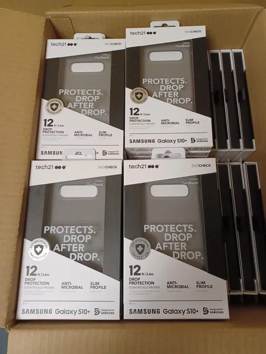 LOT OF APPROX. 80 BRAND NEW BOXED TECH 21 T21-6949 SMOKEY BLACK EVO CHECK CASE COVER WITH 12FT DROP PROTECTION AND ANTI-MICROBIAL PROTECTION FOR SAMSUNG GALAXY S10+