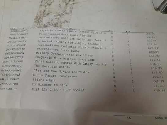 APPROXIMATELY 15 ASSORTED PRODUCTS TO INCLUDE; FUJIFILM INSTAX SQUARE INSTANT FILM, GOLF SET, PLUSH BUNNY, THE GUARDIAN BATTLE, ELLIS SQUARE SUNGLASSES, SILENT NIGHT HAMPER AND 25 MINUTES TO GLOW