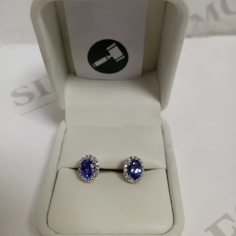 DESIGNER 18CT WHITE GOLD HALO EARRINGS SET WITH OVAL CUT TANZANITE AND DIAMONDS, WEIGHT +-1.83CT