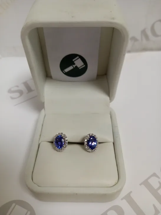 DESIGNER 18CT WHITE GOLD HALO EARRINGS SET WITH OVAL CUT TANZANITE AND DIAMONDS, WEIGHT +-1.83CT