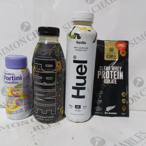 APPROXIMATELY 10 ASSORTED FOOD & DRINK ITEMS TO INCLUDE CLEAR WHEY PROTEIN ISOLATE, HUEL PLANT BASED VANILLA DRINK (500ML), PRIME KSI HYDRATION DRINK (500ML), ETC