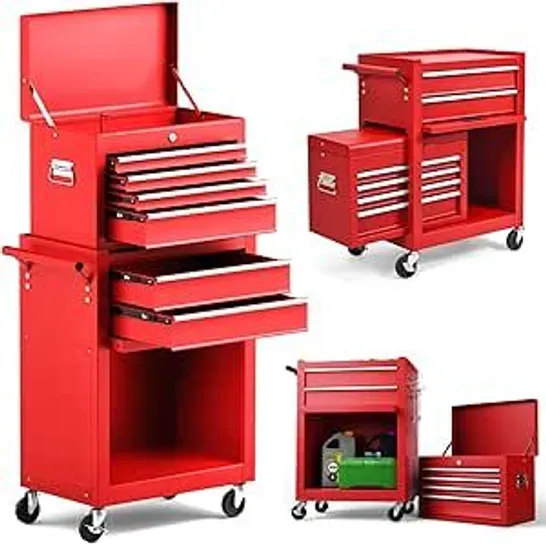 BOXED ROLLING TOOL CHEST AND CABINET WITH 6-DRAWERS - INCLUDES 4-DRAWERS REMOVABLE TOP BOX, 2-DRAWER CAPACITY TOOL STORAGE, WHEELS AND LOCKING SYSTEM FOR CONVENIENT AND SAFE TOOL STORAGE - RED