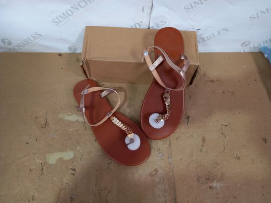 BOXED PAIR OF DESIGNER ROSE GOLD STRAP SANDALS SIZE 40