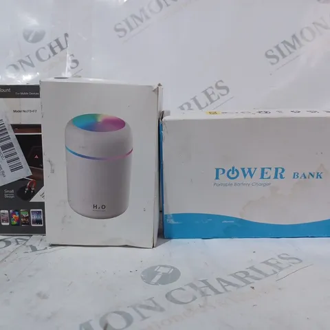 BOX OF APPROXIMATELY 10 ASSORTED HOUSEHOLD ITEMS TO INCLUDE POWER BANK, USB COLOUR HUMIDIFIER, MAGNETIC AIR VENT MOUNT, ETC