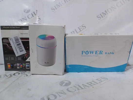 BOX OF APPROXIMATELY 10 ASSORTED HOUSEHOLD ITEMS TO INCLUDE POWER BANK, USB COLOUR HUMIDIFIER, MAGNETIC AIR VENT MOUNT, ETC