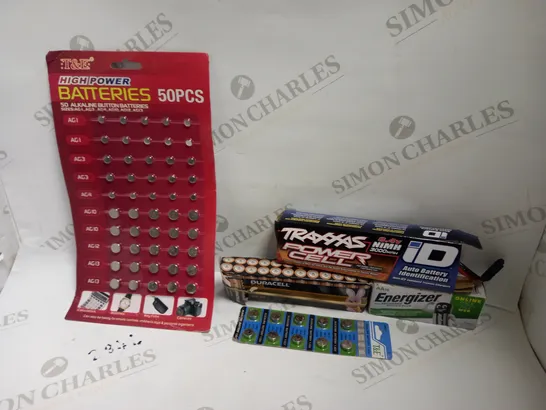 LARGE QUANTITY OF BATTERIES TO INCLUDE ALKALINE BUTTON BATTERIES, DURACELL AA, TRAXXAS POWER CELL, ETC