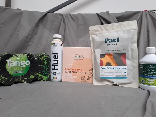 TOTE OF APPROX 8 ASSORTED FOOD ITEMS TO INCLUDE - PACT COFFEE , HUEL VANILLA , TANGO APPLE ETC