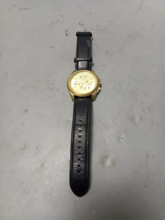 ARMANI EXCHANGE STAINLESS STEEL WATCH IN GOLD AND BLACK LEATHER