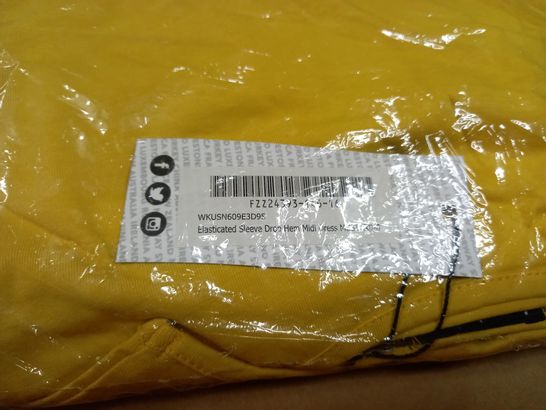 PACKAGED BOOHOO MUSTARD ELASTICATD SLEEVE DROP HEM MIDI DRESS - SIZE 8