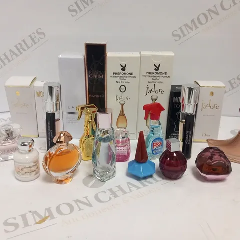 LARGE QUANTITY OF ASSORTED TESTER FRAGRANCES TO INCLUDE' YVES SAINT LAURENT, MOSCHINO, DIOR, VERSACE, GHOST, EARCHEL AND JIMMY CHOO