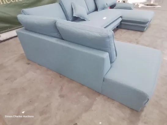 DESIGNER DOUBLE CHAISE SOFA WITH OTTOMAN STORAGE & PULL OUT BED BLUE FABRIC 