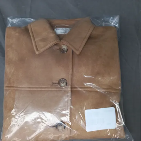 BOXED HELENE BERMAN FAUX SUEDE BUTTON UP COAT IN CAMEL SIZE 12