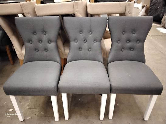 3 DESIGNER GREY FABRIC CHAIRS WITH BUTTONED BACK AND WHITE LEGS