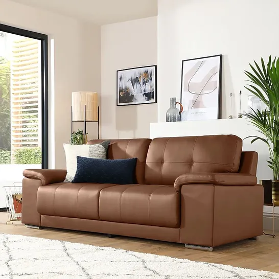 BOXED DESIGNER KANSAS THREE SEATER SOFA TAN LEATHER 