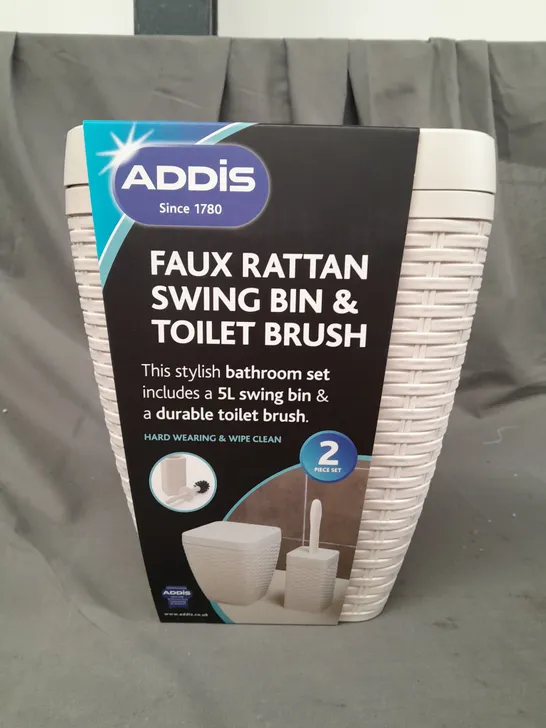 ADDIS FAUX RATTAN SWING BIN AND TOILET BRUSH SET RRP £25