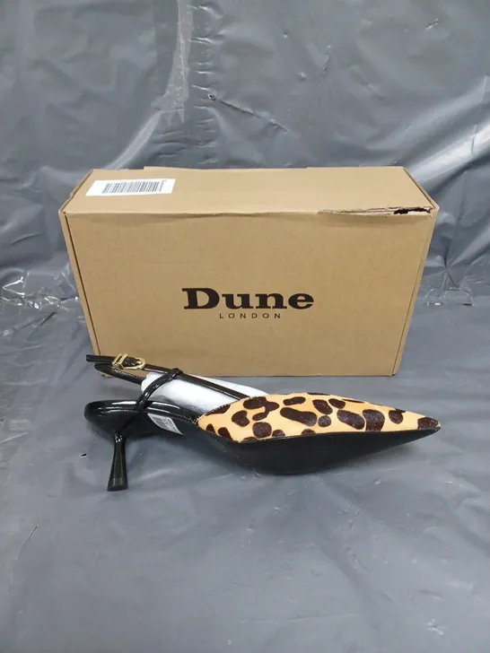 BOXED PAIR OF DUNE LONDON LEOPARD PRINT PONY CLEAN SLINGBACK COURT HEELS SIZE 6