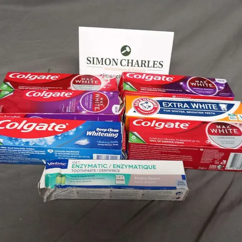 SEVEN TUBES OF ASSORTED TOOTHPASTE TO INCLUDE; COLGATE, ARM AND HAMMER AND VIRBAC