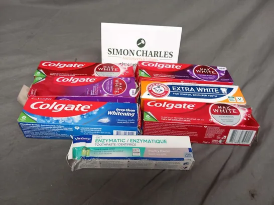 SEVEN TUBES OF ASSORTED TOOTHPASTE TO INCLUDE; COLGATE, ARM AND HAMMER AND VIRBAC