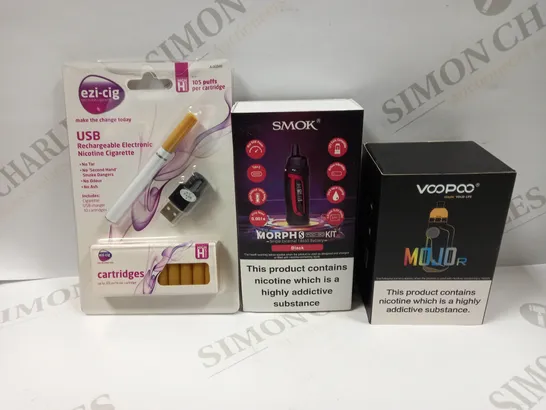 BOX OF APPROXIMATELY 21 E-CIGARETTES TO INCLUDE EZI-CIG USB RECHARGABLE ELECTRONIC NICOTINE CIGARETTE, SMOK MORPHS POD-80 KIT, VOOPOO MOJO R, ETC