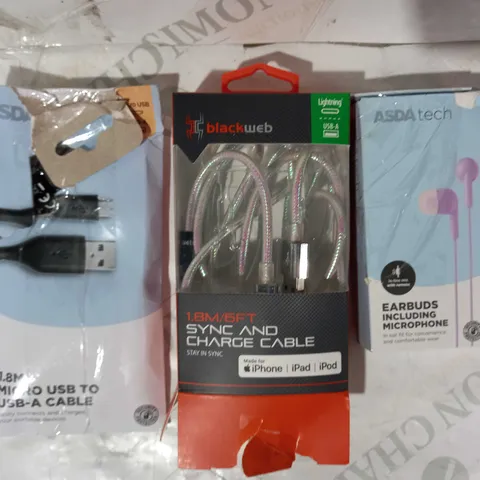 BOX OF APPROXIMATELY 15 ASSORTED ELECTRICAL ITEMS TO INCLUDE ASDA TECH EARBUDS WITH MICROPHONE, BLACKWEB SYNC & CHARGE CABLE, ASDA TECH MICRO USB TO USB-A CABLE, ETC