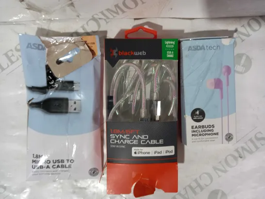 BOX OF APPROXIMATELY 15 ASSORTED ELECTRICAL ITEMS TO INCLUDE ASDA TECH EARBUDS WITH MICROPHONE, BLACKWEB SYNC & CHARGE CABLE, ASDA TECH MICRO USB TO USB-A CABLE, ETC