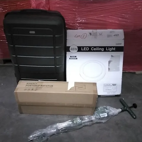 PALLET OF ASSORTED ITEMS TO INCLUDE: COMPOST SPREADER, LED CEILING LIGHT, KISEELY PORTABLE BATHTUB, LUGGAGE ETC