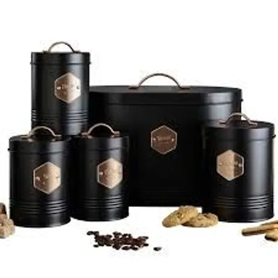 BOXED NEO RETRO INSPIRED SLEEK MATT & COPPER 5 PIECE KITCHEN CANISTER SET BLACK (1 BOX)