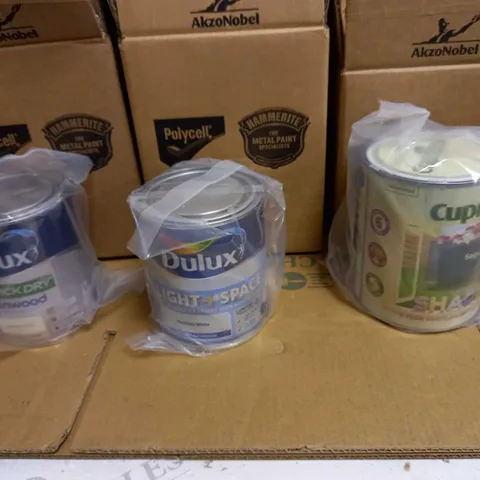 LOT OF APPROX 5 ASSORTED PACKAGED BOXED PAINTS TO INCLUDE: DULUX SATIN WOOD, DULUX LIGHT & SPACE, JOHNSTONES GARDEN WOOD