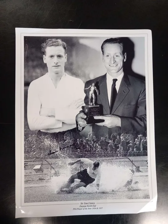 SIGNED PHOTOGRAPHIC COLLAGE OF ENGLAND AND PRESTON NORTH END LEGEND SIR TOM FINNEY