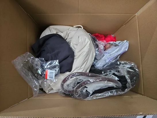 BOX OF ASSORTED CLOTHING ITEMS IN VARIOUS COLOURS, STYLE AND SIZES 