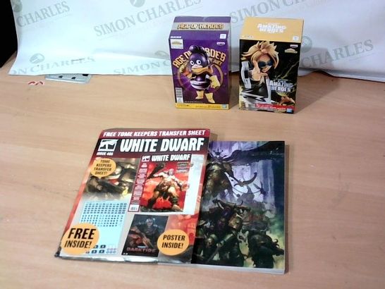 LOT OF 3 ASSORTED ITEMS TO INCLUDE AGE OF HEROES FIGURINE, MY HERO ACADEMIA THE AMAZING HEROES FIGURINE AND WHITE DWARF MAGAZINE PACK