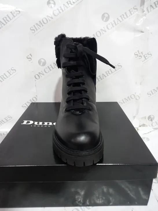 BOXED DUNE LONDON PERCH LACE UP BOOTS, BLACK - SIZE 7 