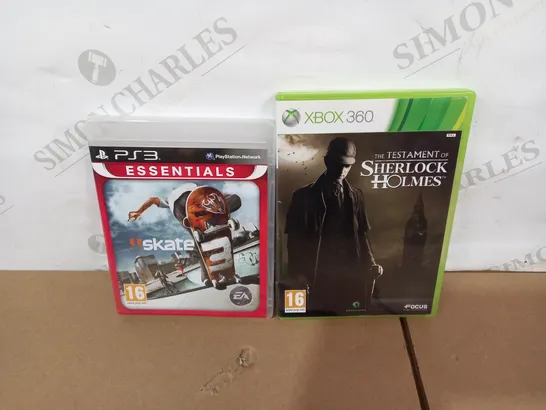 LOT OF 2 ASSORTED CONSOLE GAMES TO INCLUDE XBOX 360 THE TESTAMENT OF SHERLOCK HOLMES AND PS3 SKATE 3