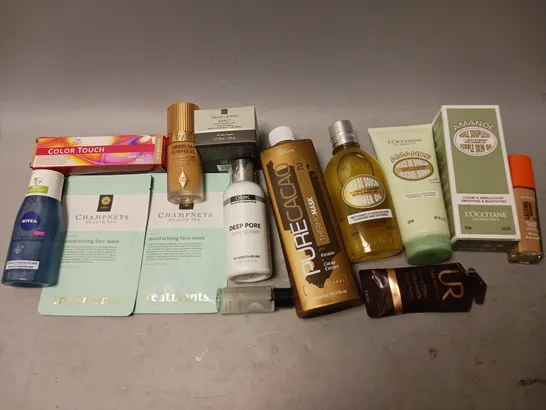 BOX OF APPROXIMATELY 15 COSMETIC ITEMS TO INCLUDE AMANDE SUPPLE SKIN OIL, PURECACAO THERMOMASK, AND NIVEA MAKEUP REMOVER ETC. 