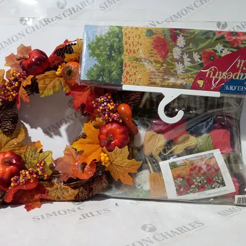 BOX OF APPROXIMATELY 15 ASSORTED HOUSEHOLD ITEMS TO INCLUDE AUTUMNAL DECORATIVE WREATH, PENELOPE TAPESTRY KIT, ETC