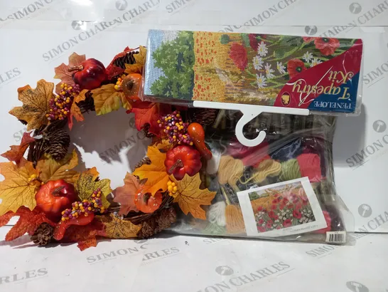 BOX OF APPROXIMATELY 15 ASSORTED HOUSEHOLD ITEMS TO INCLUDE AUTUMNAL DECORATIVE WREATH, PENELOPE TAPESTRY KIT, ETC