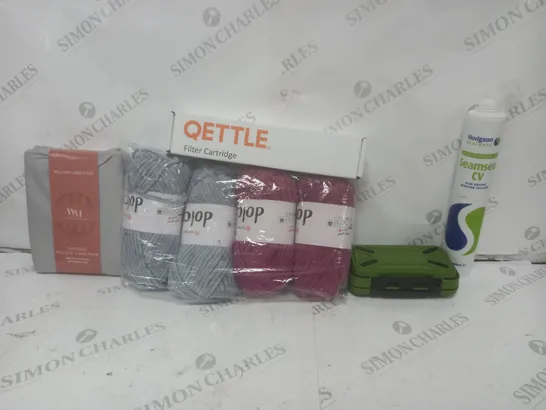 BOX OF APPROXIMATELY 10 ASSORTED ITEMS TO INCLUDE -QETTLE FILTER CARTRIDGE - THE WILLOW MANOR PILLOW CASE PAIR - HODGSON SEALANTS SEAMSEAL CV ECT