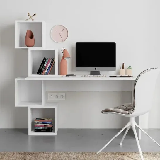 BOXED BALANCE MODERN DESK WITH SHELVES 153.5CM IN WHITE (2 BOXES)