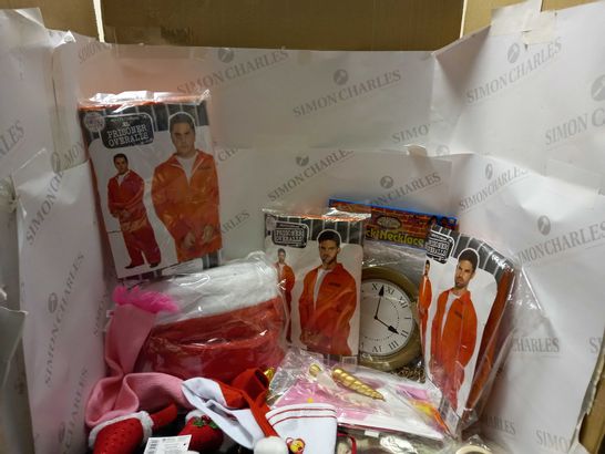 BOX OF APPROXIMATELY 15 ASSORTED FANCY DRESS ITEMS TO INCLUDE PRISONER OVERALLS, CLOCK NECKLACE AND VOLDERMORT MASK