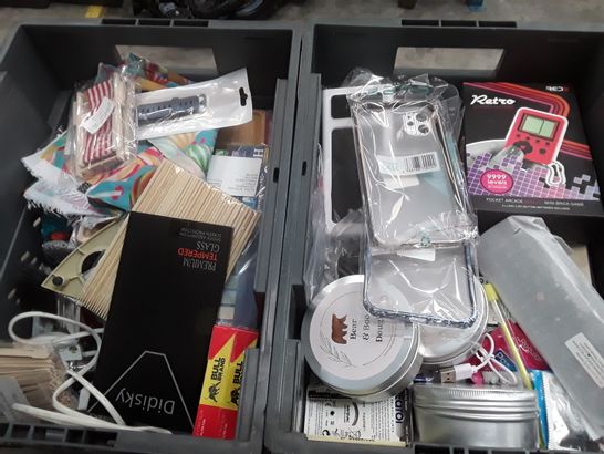 3 CRATES OF ASSORTED HOMEWARE ITEMS TO INCLUDE ERNEST BALL GUITAR STRINGS, HANDLER HEAVY DUTY GOLD CHAIN AND 10W GLUE GUN