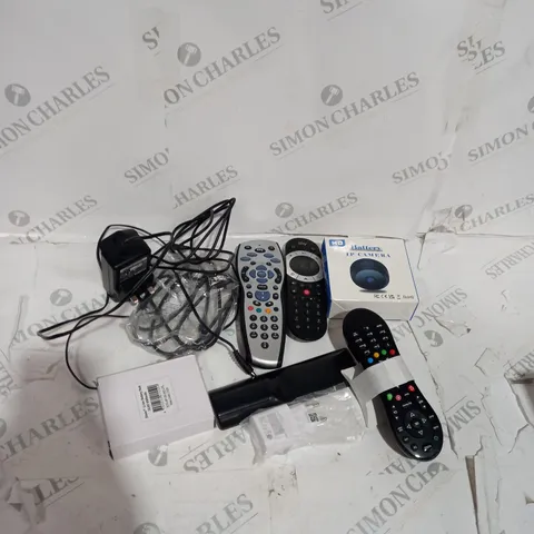 LARGE QUANTITY OF ASSORTED ELECTRICAL PRODUCTS AND ACCESSORIES TO INCLUDE; REMOTES , PLUGS AND CABLES 