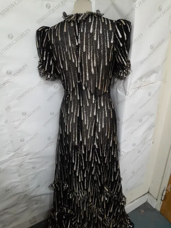 THE VAMPIRE'S WIFE PUFF SLEEVE RUFFLE GLITTER DROPLET MAXI DRESS IN GOLD AND BLACK MESH SIZE 6
