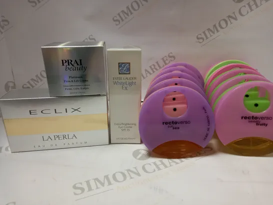 LOT OF APPROX 12 ASSORTED BEAUTY PRODUCTS TO INCLUDE ECLIX LA PERLA EAU DE TOILETTE, PRAI BEAUTY PLATINUM FIRM & LIFT CREME, ESTEE LAUDER WHITE LIGHT EX EYE CREME, ETC 