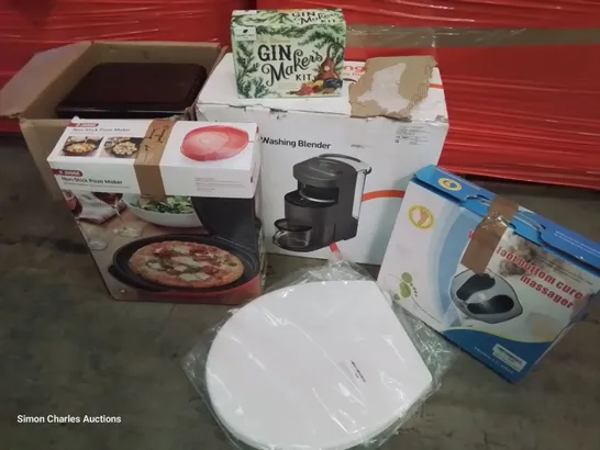 PALLET OF ASSORTED PRODUCTS, INCLUDING, ROAD WAY PLAY MAT, GAMING CHAIR, FOOT MASSAGER, AIR FRYER, PIZZA MAKE4, HANDS FREE WASHING BLENDER, TOILET SEAT.