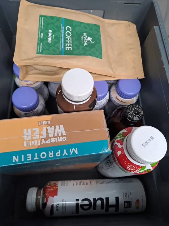 BOX OF APPROXIMATELY 10 ASSORTED ITEMS TO INCLUDE HUEL CHOCOLATE, MYPROTEIN WAFER, COFFEE ETC