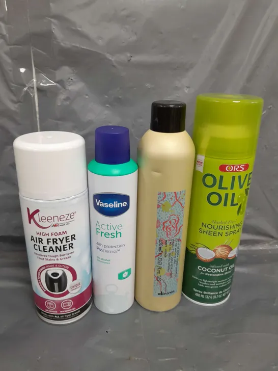 APPROXIMATELY 12 ASSORTED AEROSOLS TO INCLUDE AIR FRYER CLEANER , VASELINE BODY SPRAY , OLIVE OIL SHEEN SPRAY , ETC 