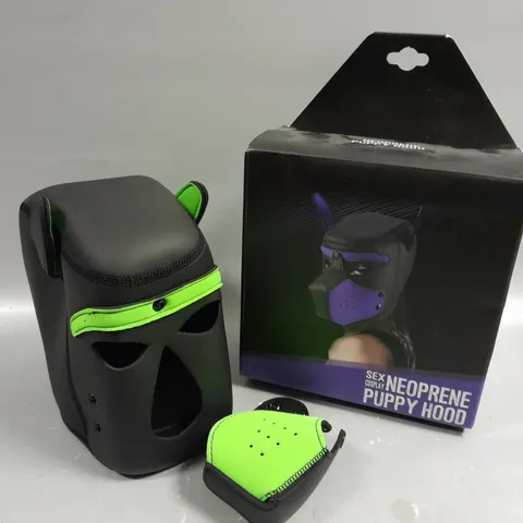 BOXED SEX COSPLAY NEOPRENE PUPPY HOOD IN BLACK/GREEN 