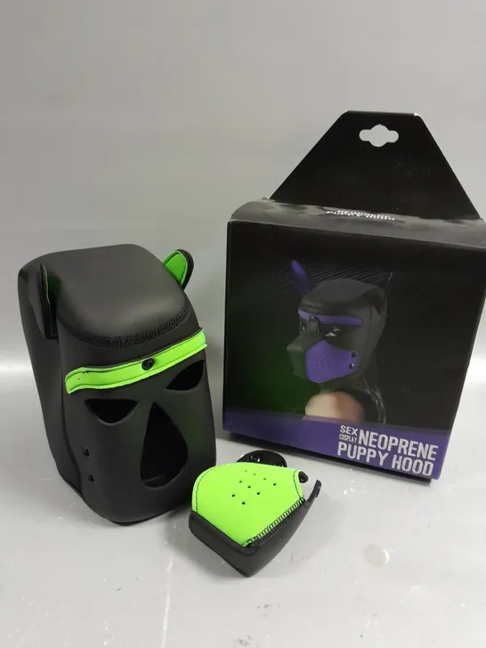 BOXED SEX COSPLAY NEOPRENE PUPPY HOOD IN BLACK/GREEN 